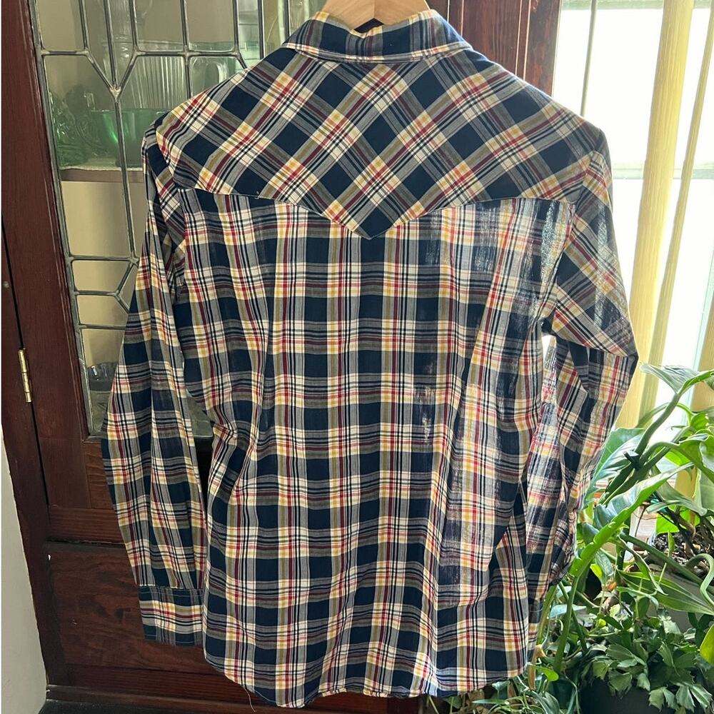 Vintage 70s Men's Plaid Pearl Snap Shirt Size 38 Blue Yellow Americana 38 Unisex - Picture 10 of 17